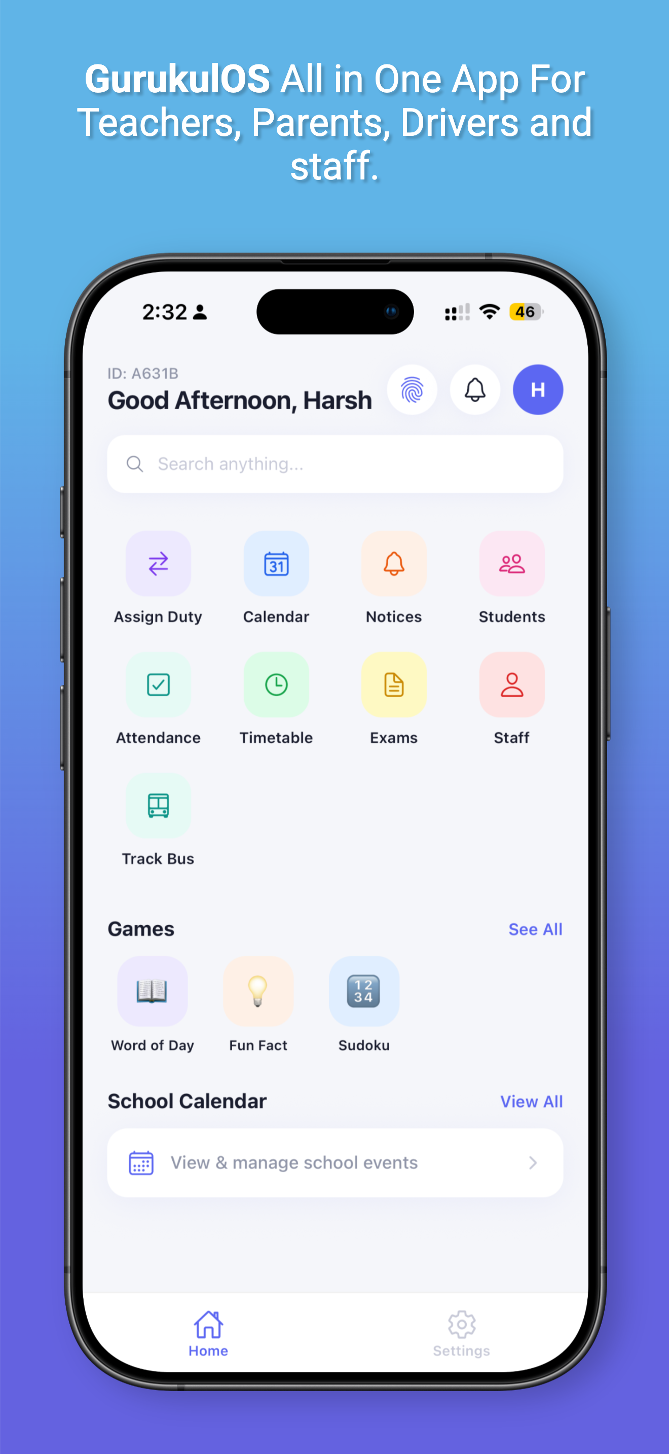 GurukulOS all-in-one app home screen for teachers, parents, drivers and staff
