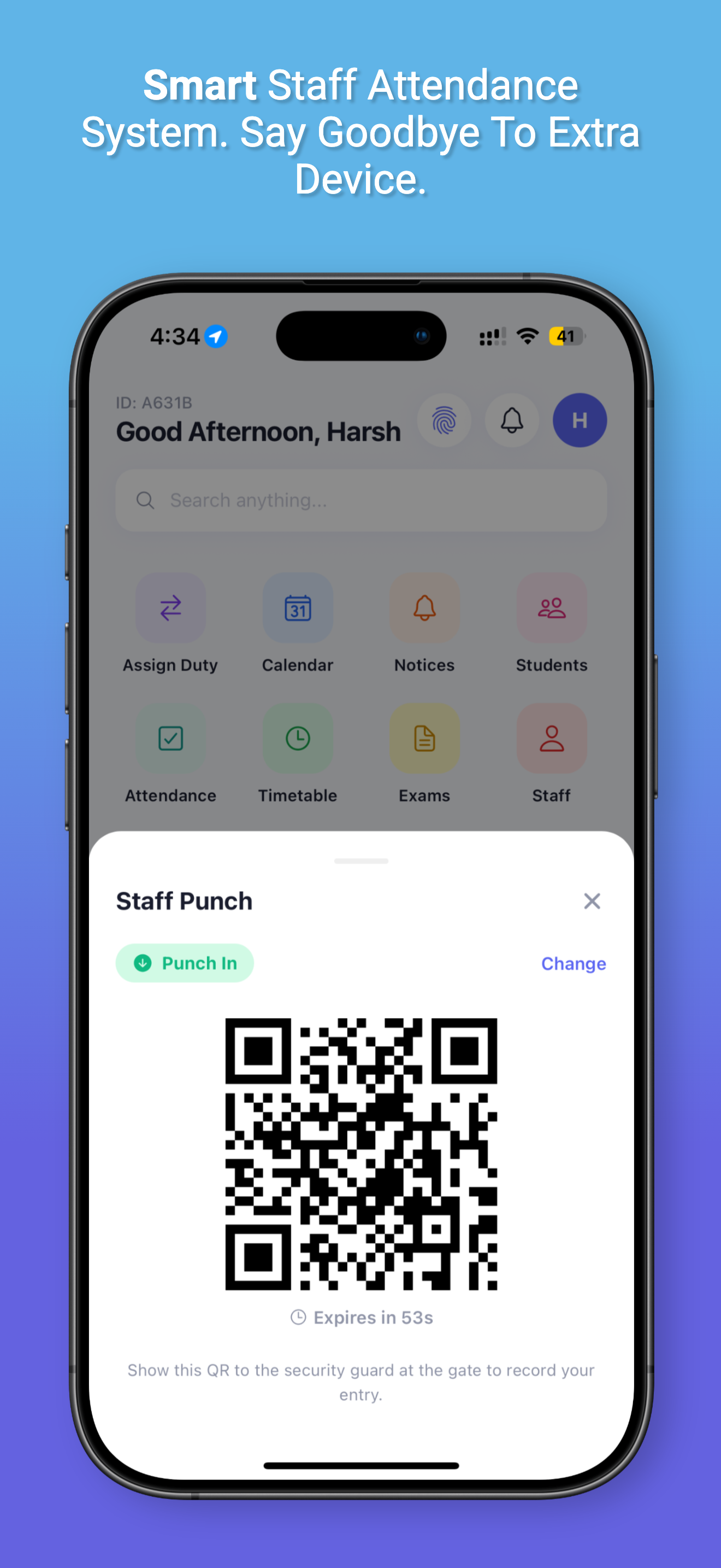 Staff attendance via QR code on GurukulOS